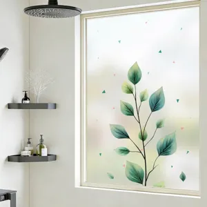 Frosted Privacy Window Film Static Cling Glass Sticker Green Leaf Pattern Sunshade Decorative Film For Bathroom Home Decor