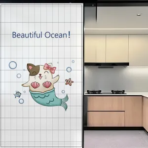 Matte Fensterfolie mit süßem Meerjungfrau-Katzen-Design für Sichtschutz im Badezimmer