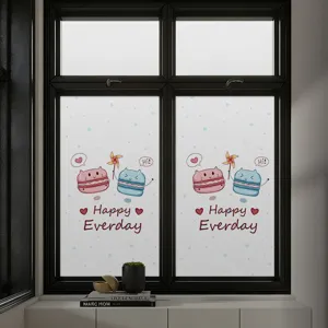 Frosted privacy window film with cute cartoon cat macaron design for home decoration