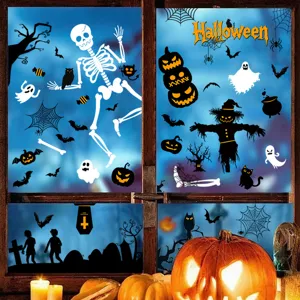 Adesivi per Finestre di Halloween Zucca Fantasma Pipistrello Scheletro Statici PVC Vetrofanie per Festa Festiva Casa Negozio Set da 8 Fogli