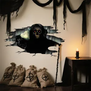 Adesivo da Parete 3D Halloween Tristo Mietitore Horror Crepa Muro Decalcomania Vinile Impermeabile Removibile Decorazione PVC Per Finestra Vetro Porta