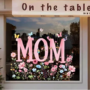 Detailed close-up view of pink MOM glass window sticker with flowers and butterfly decor