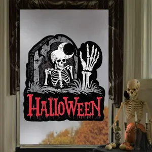Spooky Halloween static window sticker featuring skeleton and tombstone design