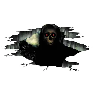 Adesivo murale 3D di Halloween con mietitore dell'orrore che esce dal muro rotto