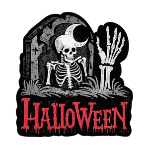 Halloween static window sticker featuring a skeleton, gravestone, and dripping red text