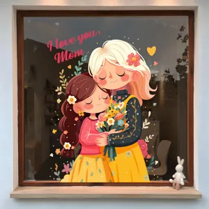 Décoration Fête des Mères Autocollant Fenêtre Statique PVC Dessin Animé Mère Fille Sticker Mural Vitrine Verre Décor Coeur Floral I Love You Mom