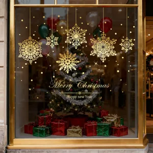 Gouden sneeuwvlok en Merry Christmas raamstickers voor feestelijke decoratie van etalages