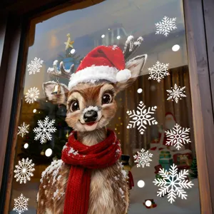 Kerst rendier raamsticker met kerstmuts en sneeuwvlok stickers voor glasdecoratie