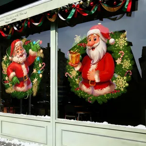 Autocollants de Noël statiques avec Père Noël et couronne verte pour vitrines de fête