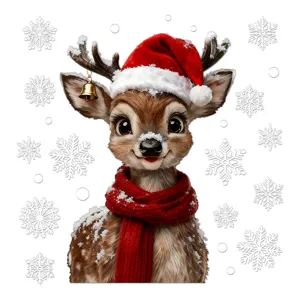 Schattige kerst rendier raamsticker met rode muts en sjaal voor raamdecoratie set