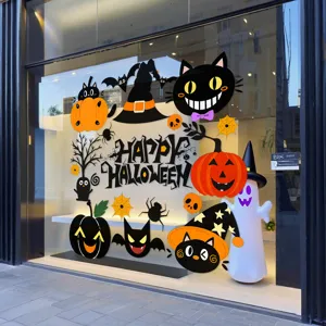 Halloween Cartoon Static Window Stickers Pumpkin Witch Hat Black Cat Ghost PVC Static Cling Decals For Glass Decoration