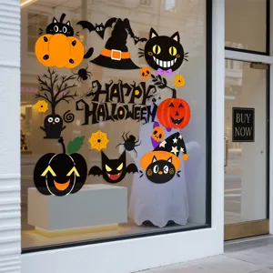 Festive Halloween cartoon window stickers set with black cats and pumpkins for decor