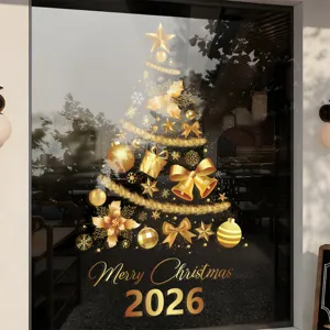 Goldener Weihnachtsbaum-Fensteraufkleber mit dekorativem Merry Christmas 2026 Design