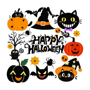 Halloween cartoon static window stickers set featuring pumpkin cats bats and witch hats