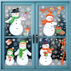 Autocollants de Fenêtre Bonhomme de Neige de Noël Adhésif Statique Flocons de Neige Couleur Double Face Décoration de Porte en Verre Fête