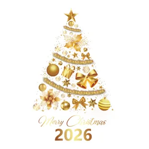 Eleganter goldener Weihnachtsbaum-Statikaufkleber für Fenster mit Merry Christmas 2026 Design