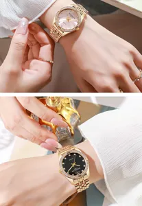 Detailed view of elegant gold women's quartz watch with rhinestone bezel and link strap