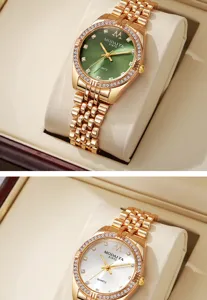 Close-up of rose gold women's quartz watches with green and white rhinestone dials