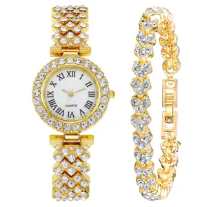 Damen Mode Luxus Quarz Uhr Armband Set Strass Eingelegt Legierung Armbanduhr Mit Römischen Ziffern Vintage Schmuck Uhr Set