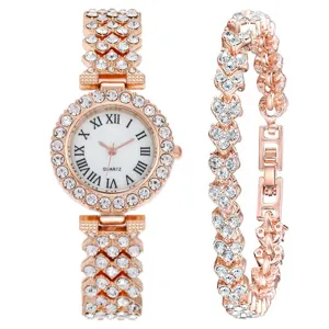 Elegantes Set aus rosévergoldeter Strass-Damenuhr und passendem Armband mit römischen Ziffern