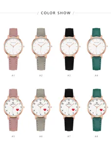 Elegante dameshorloges met lederen bandjes in de kleurvarianten roze, grijs, zwart en groen