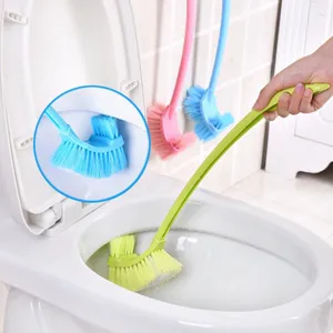 Long handle toilet brush with curved dual head design for deep cleaning bathroom bowl.