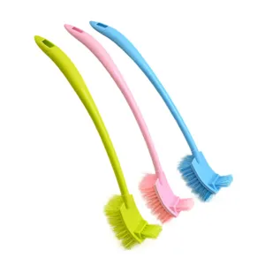 Long handle toilet brush set with 3 colored cleaning brushes for bathroom and toilet cleaning.
