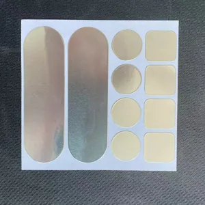 Détail de patch de réparation de casserole en acier inoxydable avec formes rondes et de bandes.