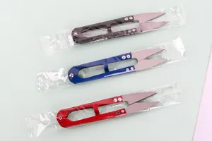 U-shaped spring yarn scissors for cross stitch, garment thread cutting, and daily sewing tasks.