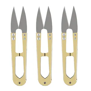 Household U-shaped spring yarn scissors, golden handle tailor thread snipper, 3pcs main view.