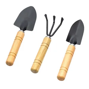 Mini tuingereedschap set met houten handvat metalen schep en hark voor kamerplanten.