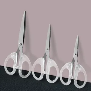 Transparent handle stainless steel scissors set detail, perfect for art crafts and DIY stationery use.