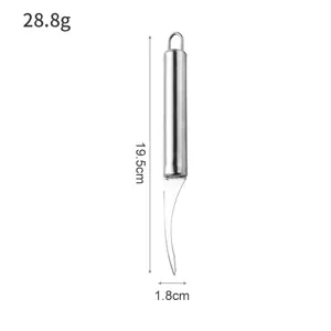 Stainless steel kitchen shrimp deveiner tool, portable seafood peeling knife for home cooking.