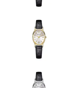 Elegante Vintage-Quarzuhr in Ovalform mit schwarzem Lederband für Damen, minimalistisch