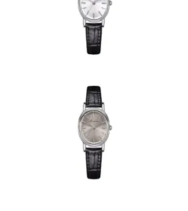 Detaillierte Ansicht einer ovalen Damenuhr mit schwarzem Lederarmband und Silbergehäuse