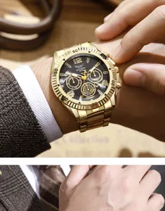 Montre à quartz de luxe dorée pour homme, style business avec bracelet en acier.
