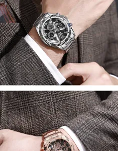 Détail d'une montre à quartz pour homme avec cadran à trois yeux et bracelet en acier