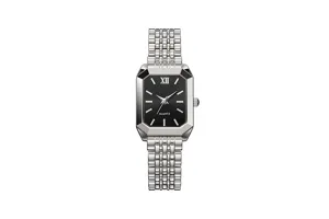 Detailansicht der eleganten Damen-Armbanduhr aus Silberstahl mit rechteckigem Zifferblatt
