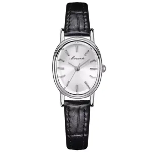 Elegante Damenquarzuhr mit ovalem silbernem Zifferblatt und schwarzem Lederband