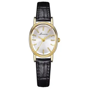Elegante ovale Quarzuhr für Damen mit schwarzem Lederarmband und goldenem Gehäuse.