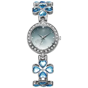 Elegante silberne Damen-Armbanduhr mit blauen Kleeblatt-Kristallen und Strass-Lünette