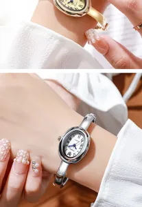 Vista detallada de relojes tipo brazalete ovalados en plata y oro con números romanos