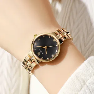 Elegante Damen-Gold-Quarzuhr mit schwarzem Zifferblatt und Gliederarmband aus Metall