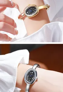 Elegante reloj brazalete ovalado para mujer con números romanos y diseño de movimiento de cuarzo.