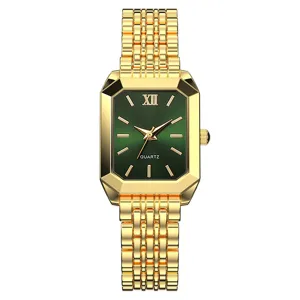 Elegante Damen-Quarzuhr mit goldenem Stahlband und edlem grünem quadratischem Zifferblatt.