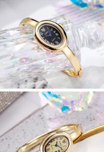 Elegante reloj de brazalete ovalado dorado con números romanos y movimiento de cuarzo