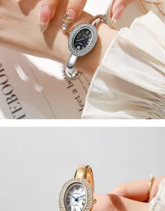 Detail der eleganten silbernen Damen-Armreif-Uhr mit Strass-Lünette und römischen Ziffern