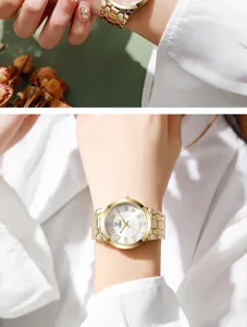 Elegante orologio al quarzo dorato da donna con quadrante numerico e cinturino