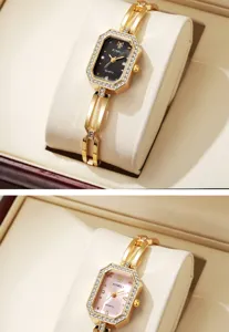 Nahaufnahme eleganter quadratischer Quarz-Armbanduhren mit kristallbesetzter Lünette