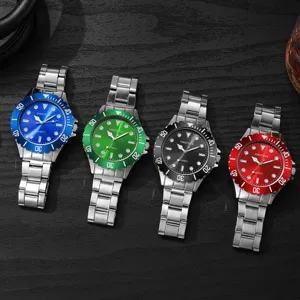 Detail view of four luxury men's quartz watches in blue, green, black and red colors